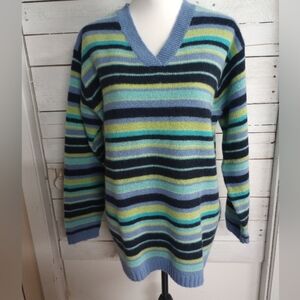 Vintage 90s Y2K Striped V Neck Sweater Size Medium 100% Wool Preppy